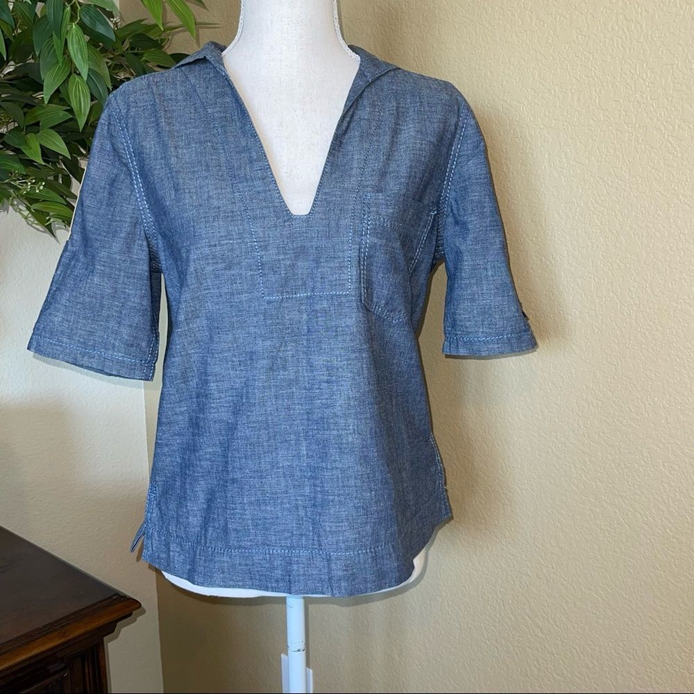 Tory Burch Sailor Chambray Denim Patch Collar Shirt Top Sz 4